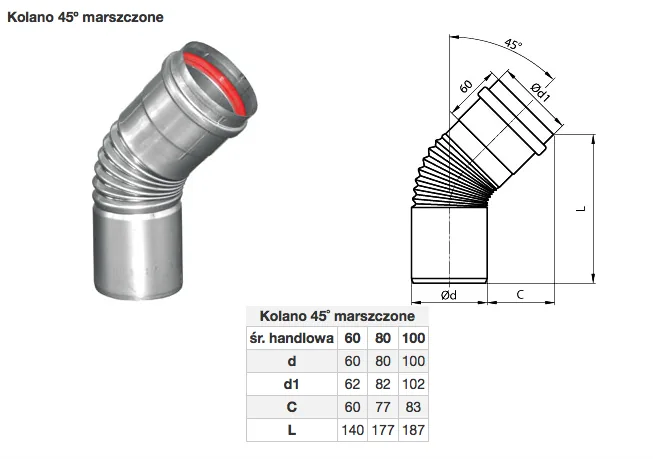 Koleno 45° marszczone (priemer 60-100, vrapované) — rozmerový výkres