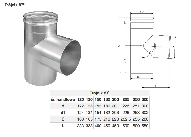 Trójnik 87° / T-kus (priemer 120-300) — rozmerový výkres