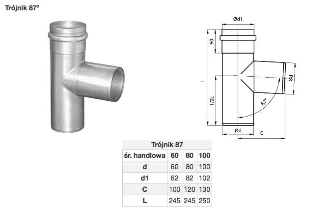 Trójnik 87° / T-kus (priemer 60-100) — rozmerový výkres